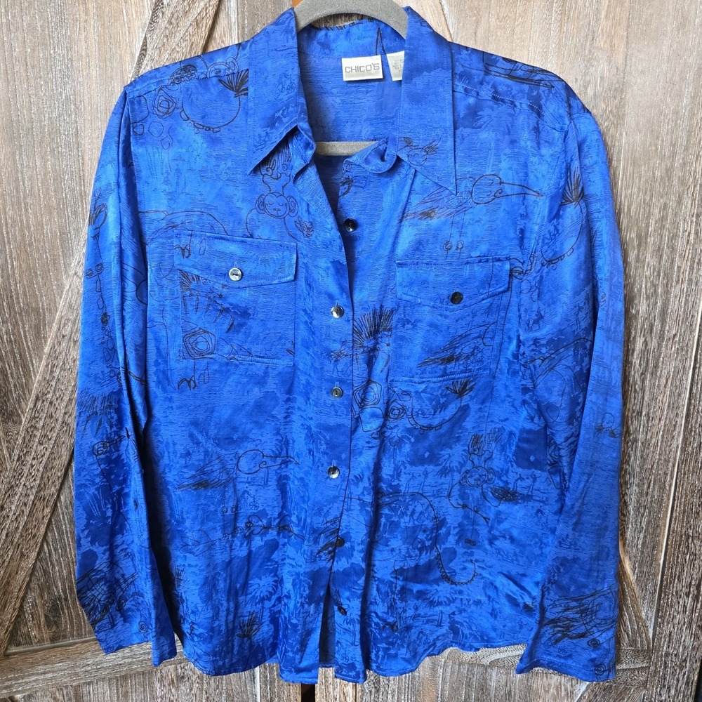 Chico's Shirt Women's Size 1 (US Medium) Blue Black Accents Monkey Elephant Silk - Picture 1 of 9